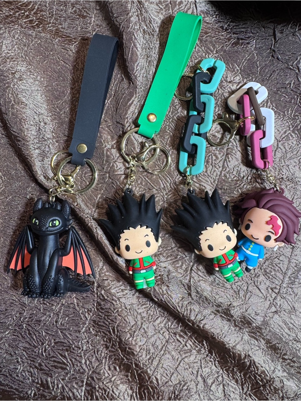 Green and Black Kids Character Keychain Set - Cute Rubber Toy Accessories
